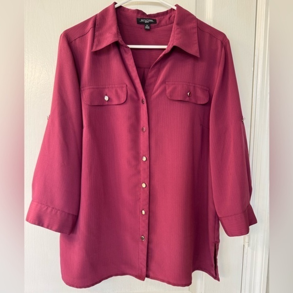 Notations Petite Large button down collared Blouse in Burgundy